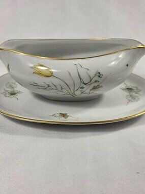 Stonegate Spring Breeze Gravy Boat with Underplate White with Yellow Tulips